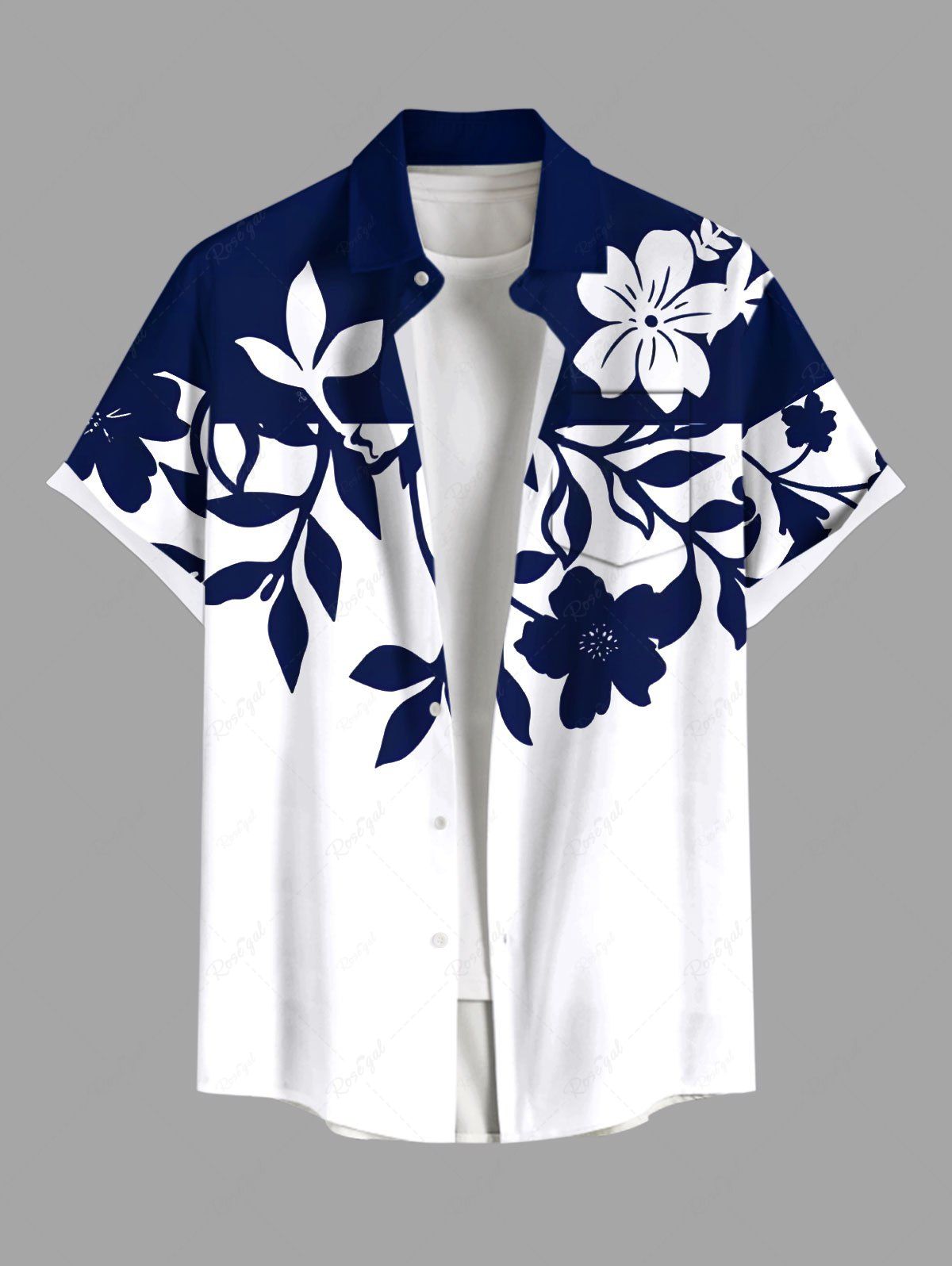 Shops Plus Size Floral Leaves Branch Contrast Two Tone Print Hawaii Button Pocket Shirt For Men  