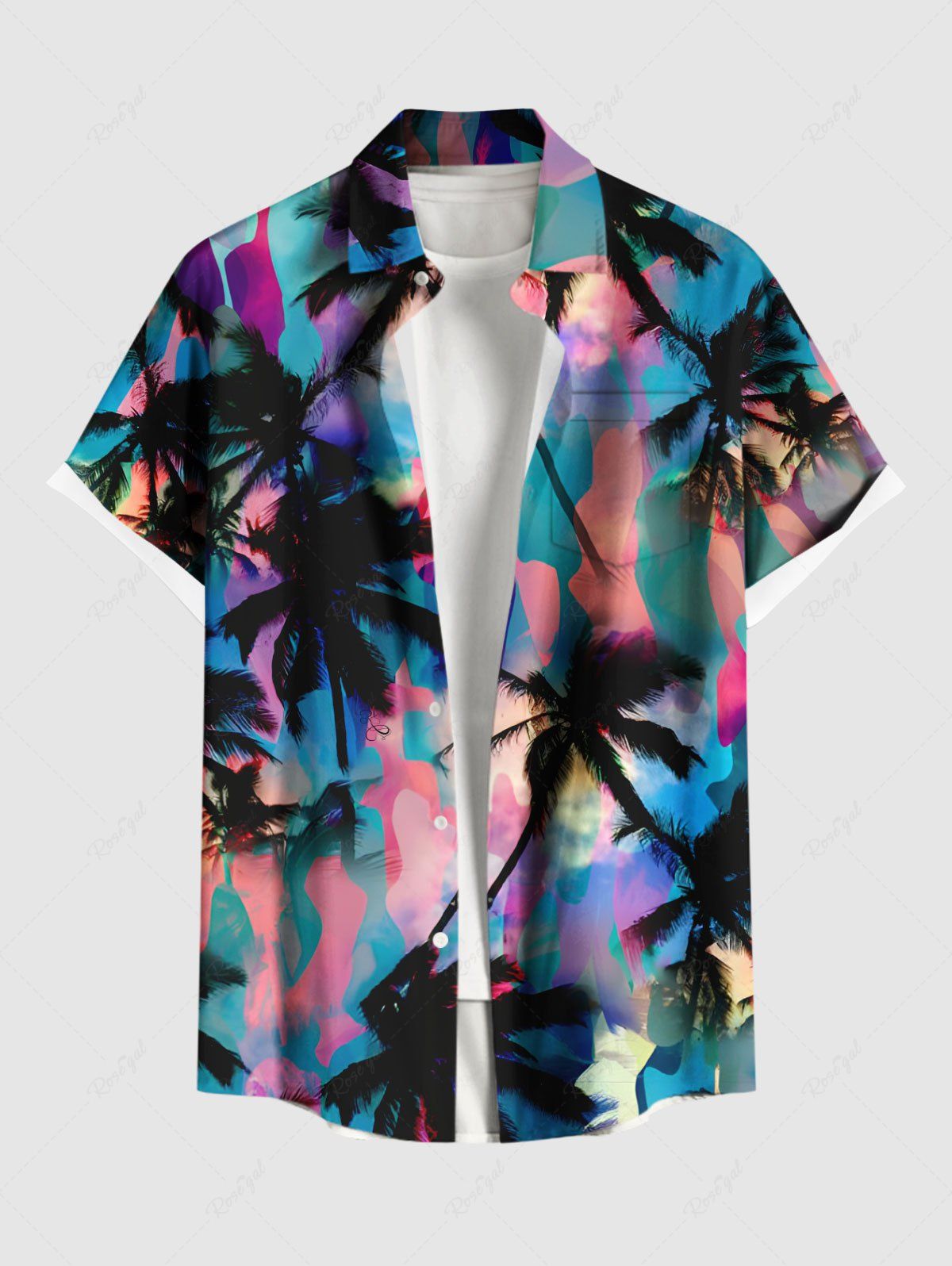 Best Plus Size Coconut Tree Colorful Ombre Colorblock Print Hawaii Buttons Pocket Shirt For Men  