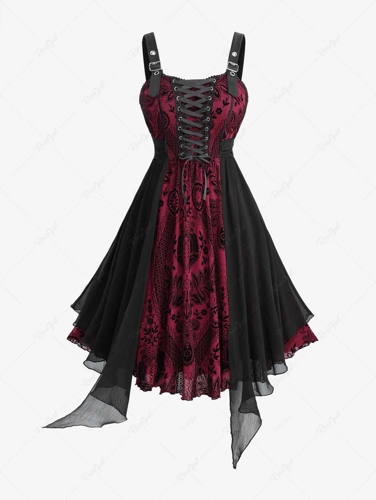 Trendy Plus Size Flower Flocking Lace Up Grommets Asymmetrical Tank Dress  