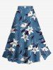 Cinched Solid Ruffles Cropped Top and Ombre Floral Leaves Print Hawaii Split A Line Skirt Plus Size Matching Set -  