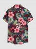 Plus Size Tropical Leaf Hibiscus Flower Print Buttons Pocket Hawaii Shirt For Men -  
