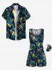 Combinaison hawaïenne cintrée grande taille à imprimé feuilles tropicales et fleurs d'hibiscus - Noir 5X