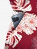 Plus Size Tropical Leaf Flower Print Hawaii Drawstring Pocket Romper -  