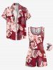 Plus Size Tropical Leaf Flower Print Hawaii Drawstring Pocket Romper -  