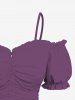 Plus Size Cold Shoulder Puff Sleeves Cinched Solid Ruffles Top -  