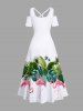Robe longue trapèze grande taille à imprimé flamants roses et feuilles tropicales, style hawaïen, épaules dénudées et croisée - Blanc S