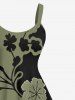 Plus Size Flower Branch Leaf Two Tone Print Hawaii A Line Tank Dress -  