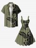 Plus Size Flower Branch Leaf Two Tone Print Hawaii A Line Tank Dress -  