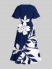 Plus Size Floral Leaves Branch Contrast Two Tone Print Hawaii Split Pocket A Line Midi Dress -  