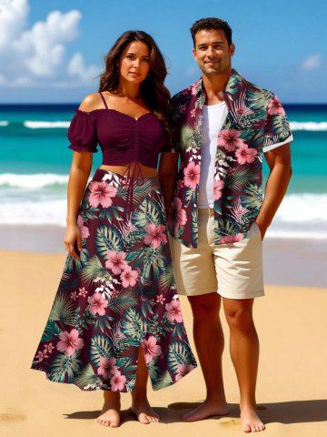 Tropical Leaf Hibiscus Flower Print Plus Size Matching Hawaii Beach Outfit For Couples - DEEP RED