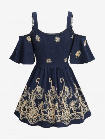 Butterfly Curve Embroidered Twist Cold Shoulder Blouse and Floral Gym 3D Jeggings Plus Size Outfit