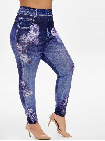 Butterfly Curve Embroidered Twist Cold Shoulder Blouse and Floral Gym 3D Jeggings Plus Size Outfit