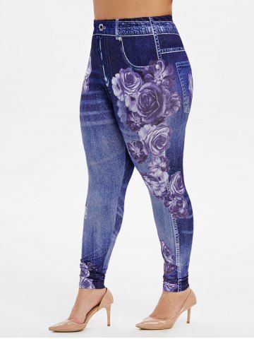 Butterfly Curve Embroidered Twist Cold Shoulder Blouse and Floral Gym 3D Jeggings Plus Size Outfit