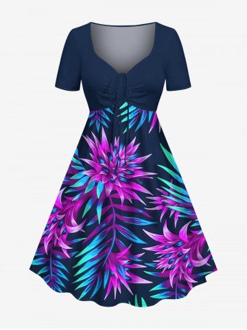 Plus Size Tropical Leaf Flower Print Cinched Hawaii Dress - PURPLE - M