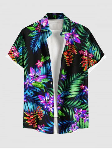 Plus Size Tropical Leaf Flowers Print Buttons Pocket Hawaii Shirt For Men - BLACK - S