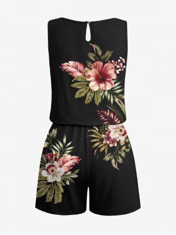 Plus Size Tropical Leaf Hibiscus Flowers Print Cinched Hawaii Romper