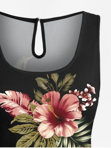 Plus Size Tropical Leaf Hibiscus Flowers Print Cinched Hawaii Romper