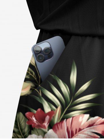 Plus Size Tropical Leaf Hibiscus Flowers Print Cinched Hawaii Romper