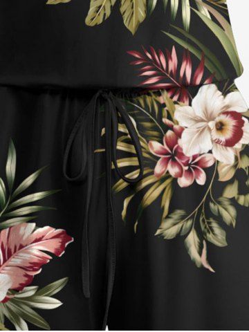Plus Size Tropical Leaf Hibiscus Flowers Print Cinched Hawaii Romper