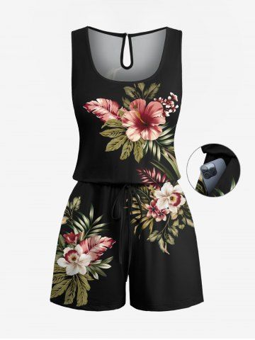 Plus Size Tropical Leaf Hibiscus Flowers Print Cinched Hawaii Romper - BLACK - 2X