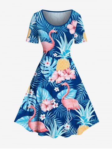 Plus Size Tropical Leaf Hibiscus Flowers Pineapple Print Vintage Hawaii Dress - BLUE - M