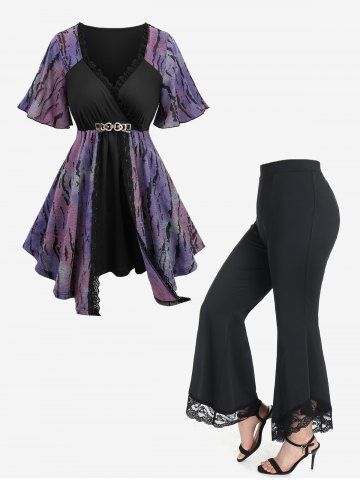 Tie Dye Ombre Jacquard Surplice Belted Top and Lace Panel High Waisted Flare Pants Plus Size Outfit - PURPLE