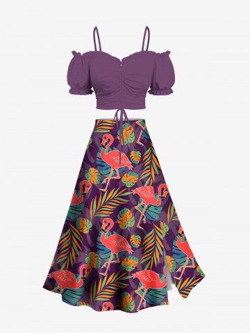 Cinched Solid Top and Colorful Tropical Leaves Flamingo Print Hawaii Split A Line Skirt Plus Size Matching Set - PURPLE