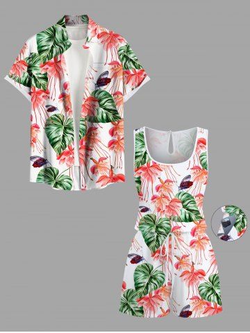 Matching Hawaii Shirt and Romper Plus Size Beach Outfit Tropical Leaf Flower Insects Print For Couples