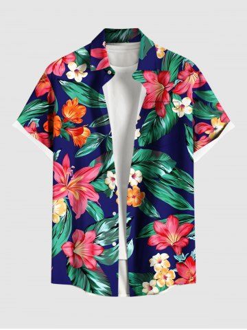 Plus Size Tropical Leaves Floral Print Hawaii Button Pocket Shirt For Men - BLUE - L