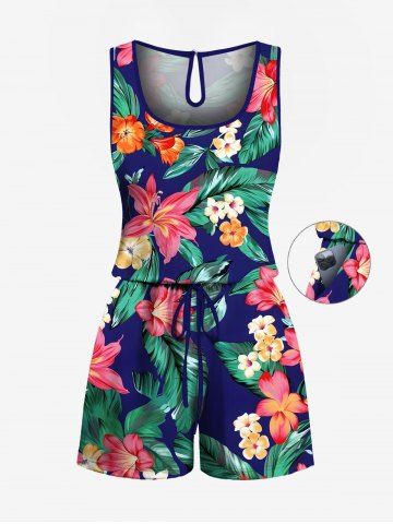 Plus Size Tropical Leaves Floral Print Hawaii Drawstring Pocket Romper - BLUE - 5X