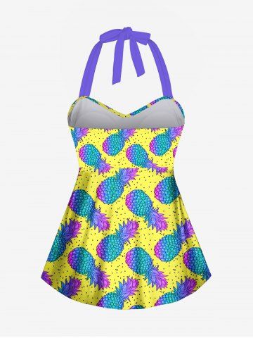 Fashion Ombre Pineapple Pin Dot Print Twist Backless Halter Cinched Boyleg Hawaii Tankini Swimsuit