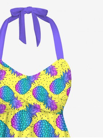 Fashion Ombre Pineapple Pin Dot Print Twist Backless Halter Cinched Boyleg Hawaii Tankini Swimsuit