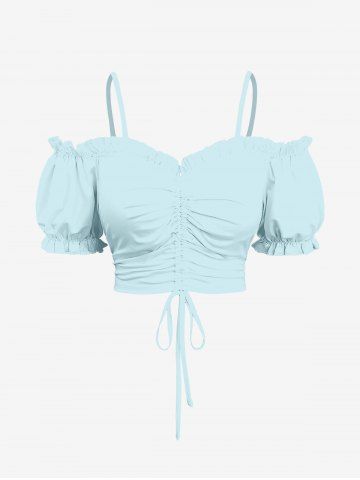 Plus Size Ruched Cinched Ruffles Cold Shoulder Cami Top - LIGHT BLUE - 4X