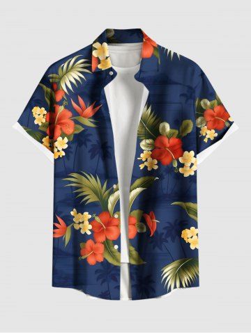 Plus Size Tropical Leaves Floral Print Hawaii Button Pocket Shirt For Men - MIDNIGHT BLUE - M