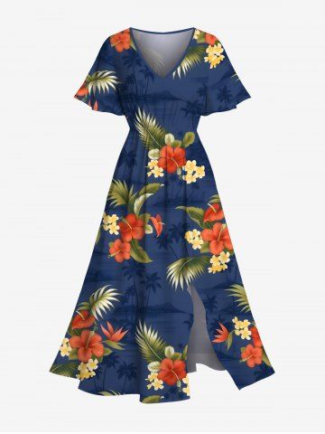 Plus Size Tropical Leaves Floral Print Hawaii Split Pocket A Line Midi Dress - BLUE - S