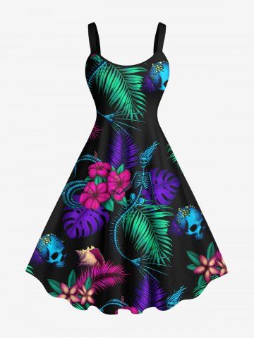 Plus Size Colorful Tropical Leaves Floral Skull Skeleton Mermaid Snake Print Hawaii A Line Tank Dress - BLACK - 3X