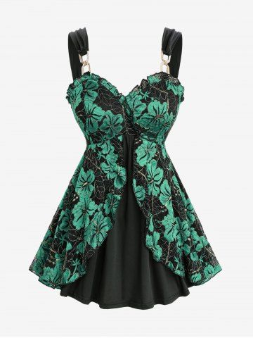 Plus Size Floral Lace Ruffles Backless Layered Tank Top - DEEP GREEN - 4X | US 26-28