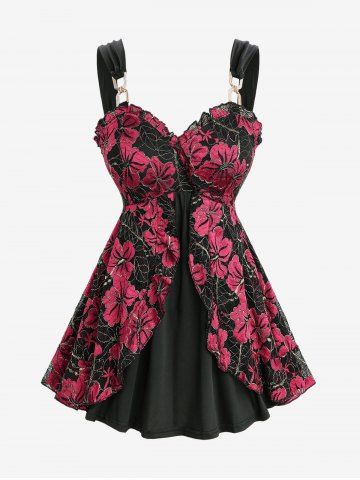 Plus Size Floral Lace Ruffles Backless Layered Tank Top - DEEP RED - 5X | US 30-32