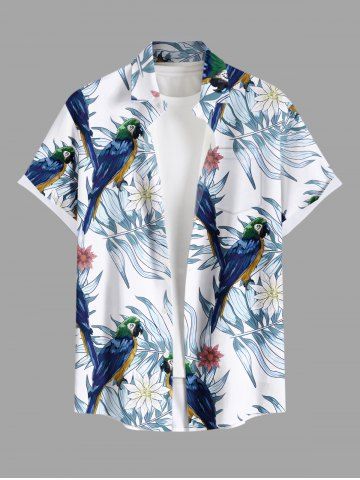 Plus Size Tropical Leaves Floral Parrot Print Hawaii Button Pocket Shirt For Men