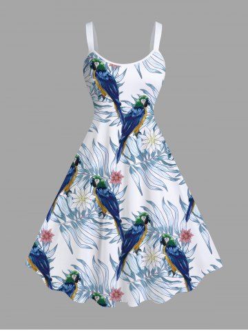 Plus Size Tropical Leaf Flower Parrot Print Hawaii A Line Tank Dress