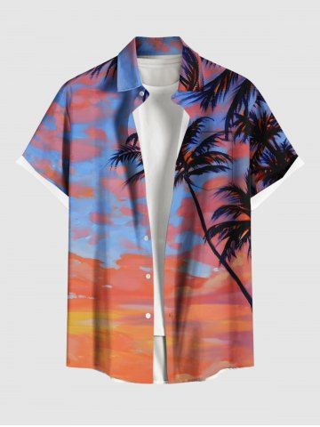 Plus Size Coconut Tree Cloud Dusk Print Hawaii Buttons Pocket Shirt For Men - ORANGE - 6XL