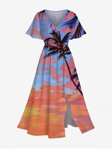 Plus Size Coconut Tree Cloud Dusk Print Hawaii Split Pocket A Line Midi Dress - ORANGE - 4X
