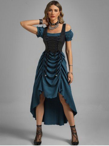 Plus Size Medieval Renaissance Lace Up Ruffles Ruched Cinched High Low Crepe Midi Dress - DEEP GREEN - M | US 10