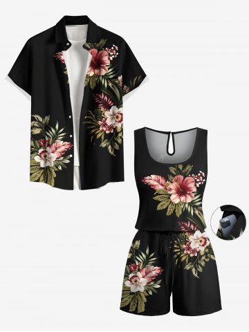 Matching Hawaii Shirt and Romper Plus Size Beach Outfit Tropical Leaf Hibiscus Printed for Couples