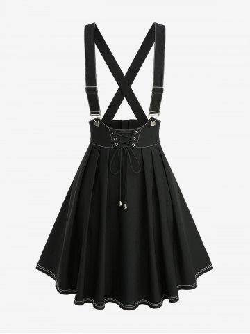 Plus Size Zipper Back Lace Up Topstitching Crisscross Strappy A Line Suspender Skirt - BLACK - 1X | US 14-16