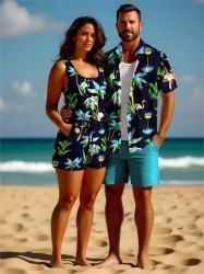 Combi-Short de Plage Hawaïen Flamant et Plage Imprimés de Grande Taille pour Couple - Noir 