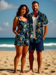 Matching Hawaii Shirt and Romper Plus Size Beach Outfit Tropical Leaf Hibiscus Printed for Couples -  