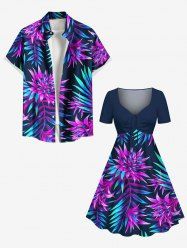 Tropical Leaf Flower Print Plus Size Matching Hawaii Beach Outfit For Couples -  