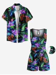 Matching Hawaii Shirt and Romper Plus Size Beach Outfit Tropical Leaf Hibiscus Printed for Couples -  