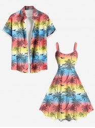 Tenue de plage hawaïenne assortie grande taille, motif cocotier, oiseau, arc-en-ciel, dégradé de couleurs, imprimé blocs de couleurs, pour couples - Rouge 